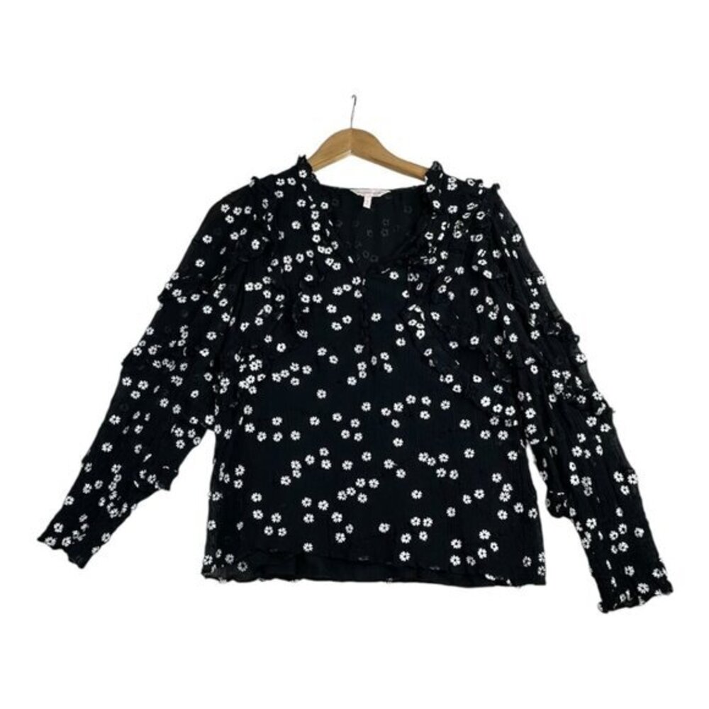 Rebecca Taylor Floral Print Alessandra Ruffle Top size 12 Black/White